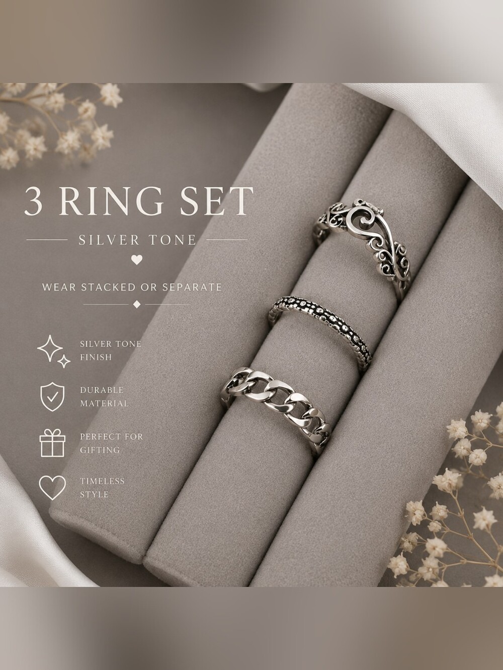 Silver Floral & Chain Stackable Rings - Silver